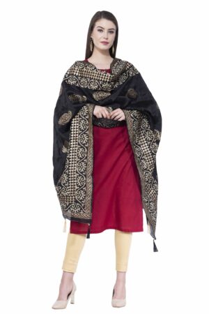 A R Silk Women’s Gold Print Silk Black Dupattas & Chunnis