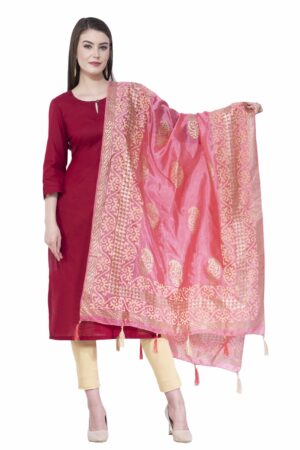 A R Silk Women’s Gold Print Silk Light Pink Dupattas & Chunnis