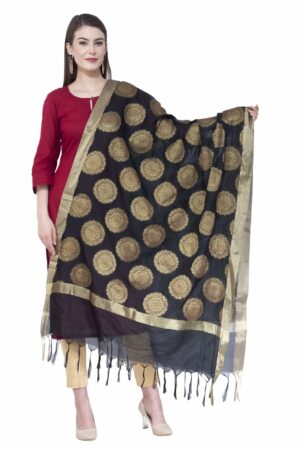 A R Silk Women’s Zari Embroidery Vanarsi Silk Black Dupattas & Chunnis