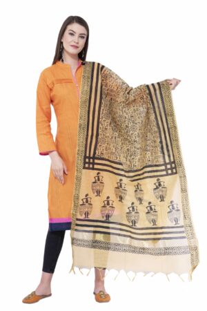 A R Silk Women’s Block Print Chanderi Cotton Dark Golden Dupattas & Chunnis