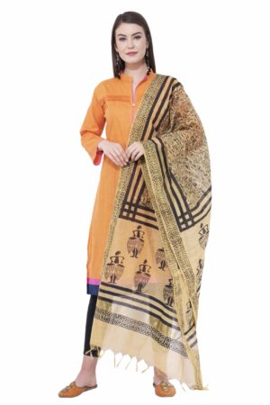 A R Silk Women’s Block Print Chanderi Cotton Dark Golden Dupattas & Chunnis