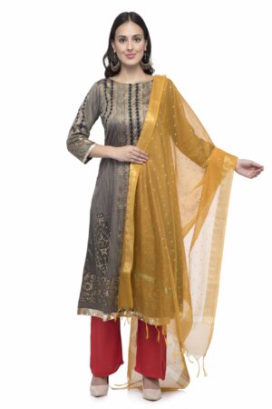 A R Silk Women’s Chanderi Zari Work Mustard Regular Dupatta