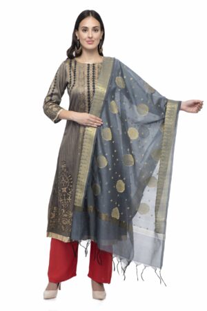 A R Silk Women’s Vanarsi Silk Zari Embroidery Grey Fancy Dupatta