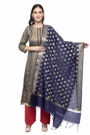 A R Silk Women’s Chanderi Zari Embroidery Navy Blue Silk Cotton Dupatta