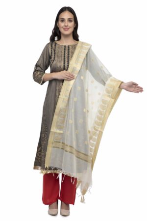 A R Silk Women’s Chanderi Zari Embroidery Cream Regular Dupatta