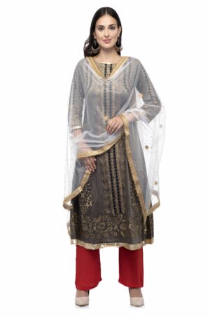 A R Silk Women’s Net Chandna Handwork With Moti Lace Cream Fancy Dupatta