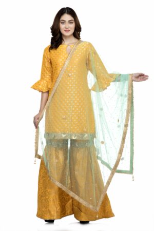 A R Silk Women’s Net Net Chandna Handwork With Moti Lace Light Firozi Fancy Dupatta