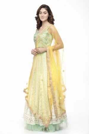 A R Silk Women’s Net Net Chandna Handwork With Moti Lace Yellow Fancy Dupatta