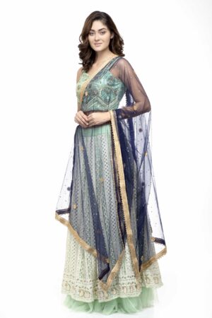 A R Silk Women’s Net Net Chandna Handwork With Moti Lace Navy Blue Fancy Dupatta