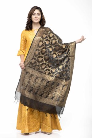 A R Silk Women’s Chanderi Zari Embroidery Black Fancy Dupatta