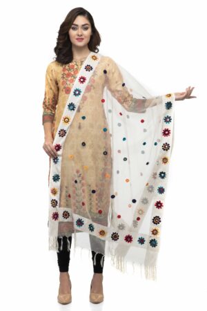 A R Silk Women’s Orgenza Cotton Thread Work Cream Fancy Dupatta