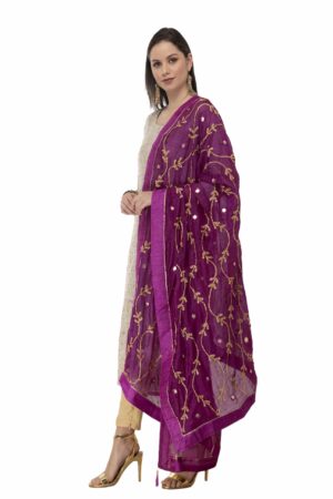 A R Silk Women’s Tapeta Silk Resham Zari Embroidery Purple Fancy Dupatta