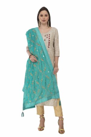 A R Silk Women’s Tapeta Silk Resham Zari Embroidery Sea Green Fancy Dupatta