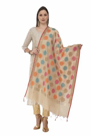 A R Silk Women’s Chanderi Multi Embroidery Golden Fancy Dupatta