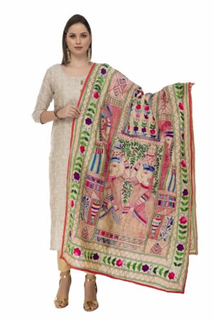 A R Silk Women’s Chanderi Thread Work Golden Fancy Dupatta