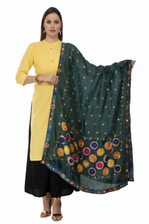 A R Silk Women’s Silk Embroidery with Gold Print Bottle Green Fancy Dupatta