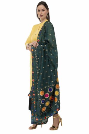 A R Silk Women’s Silk Embroidery with Gold Print Bottle Green Fancy Dupatta