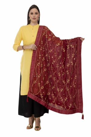 A R Silk Women’s Tapeta Silk Resham Zari Embroidery Maroon Fancy Dupatta