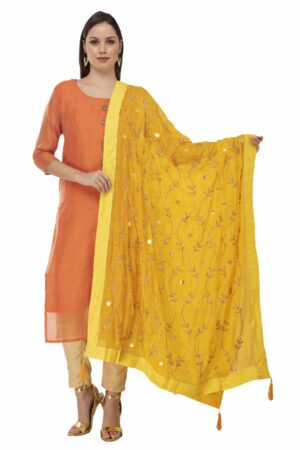 A R Silk Women’s Tapeta Silk Resham Zari Embroidery Yellow Fancy Dupatta