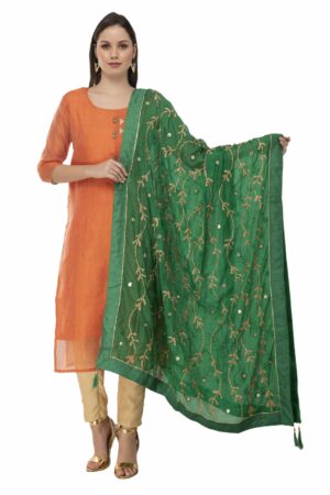 A R Silk Women’s Tapeta Silk Resham Zari Embroidery Green Fancy Dupatta