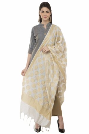 A R Silk Women’s Silk Zari Embroidery White Regular Dupatta