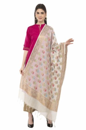 A R Silk Women’s Chanderi Zari Multi Embroidery White Regular Dupatta