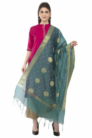 A R Silk Women’s Vanarsi Silk Zari Embroidery Dark Rama Green Regular Dupatta