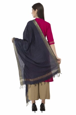 A R Silk Women’s CottonZari Border Navy Blue Regular Dupatta