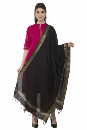 A R Silk Women’s Cotton Zari Border Black Regular Dupatta