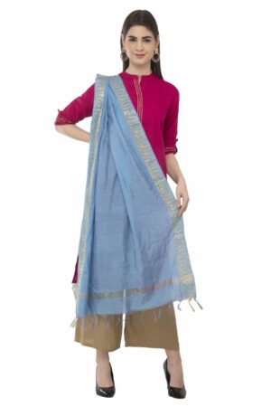 A R Silk Women’s Cotton Zari Border Sky Blue Regular Dupatta