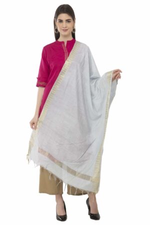 A R Silk Women’s Cotton Zari Border Light Grey Regular Dupatta