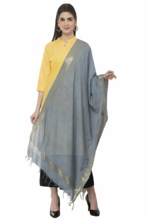 A R Silk Women’s Cotton Zari Border Grey Regular Dupatta