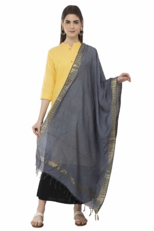 A R Silk Women’s Cotton Zari Border Dark Grey Regular Dupatta