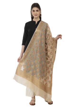 A R Silk Women’s Chanderi Zari Embroidery Golden Regular Dupatta