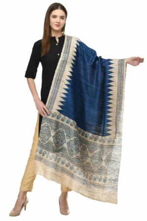 A R Silk Women’s Ghicha Silk Royal Blue Handprint Dupatta # Fancy Dupatta