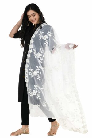 A R Silk Women’s Tissue White Embroidery Dupatta # Fancy Dupatta