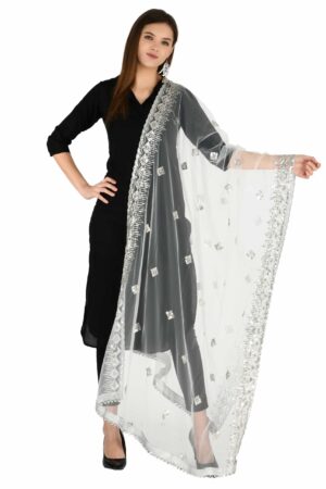 A R Silk Women’s Nett White Silver Sequence Work Dupatta # Fancy Dupatta