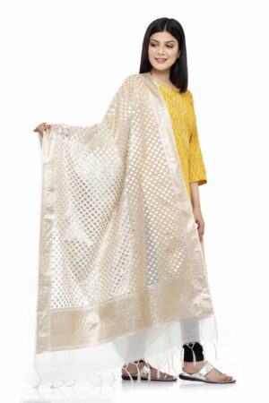 A R SILK Women’s Pure Chanderi Off White Zari Work Dupatta Party Wear