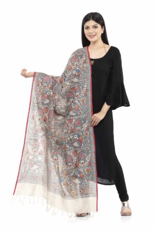 A R SILK Women’s Tussar Silk Multi Madhubani Print Party Wear Dupatta