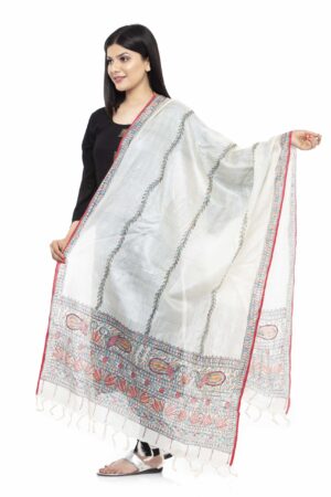 A R SILK Women’s Tussar Silk Multi Madhubani Print Dupatta # Party Wear