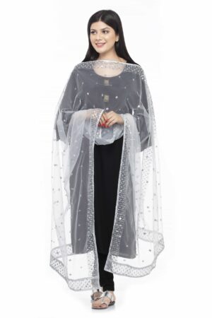 A R SILK Women’s Net Silver Sequance Work Dupatta # Bridle Dupatta