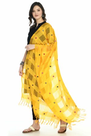 A R SILK Women’s Cotton Yellow Mirror Work Dupatta # Regular Dupatta