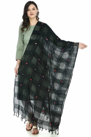 A R SILK Women’s Cotton Black Mirror Work Dupatta # Regular Dupatta