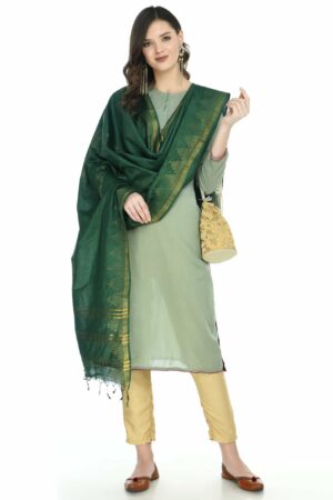 A R SILK Women’s Cotton Bottle Green Zari Work Dupatta # Regular Dupatta