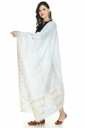 A R SILK Women’s Cotton White Zari Work Dupatta # Regular Dupatta