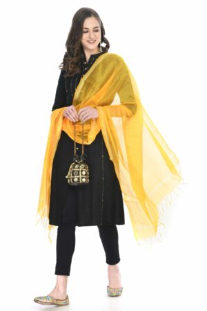 A R SILK Women’s Golden Border Dark Yellow Colour  Chanderi Cotton Regular Dupattas/Chunnis