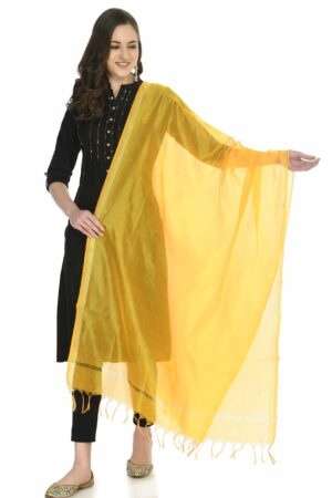 A R SILK Women’s Golden Border Dark Yellow Colour  Chanderi Cotton Regular Dupattas/Chunnis