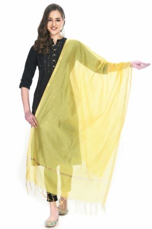 A R SILK Women’s Golden Border Yellow Colour  Chanderi Cotton Regular Dupattas/Chunnis