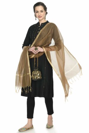 A R SILK Women’s Golden Border Rust Colour  Chanderi Cotton Regular Dupattas/Chunnis