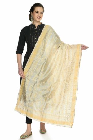 A R SILK Women’s Gold Block Print White Colour Silk Fancy Dupattas/Chunnis